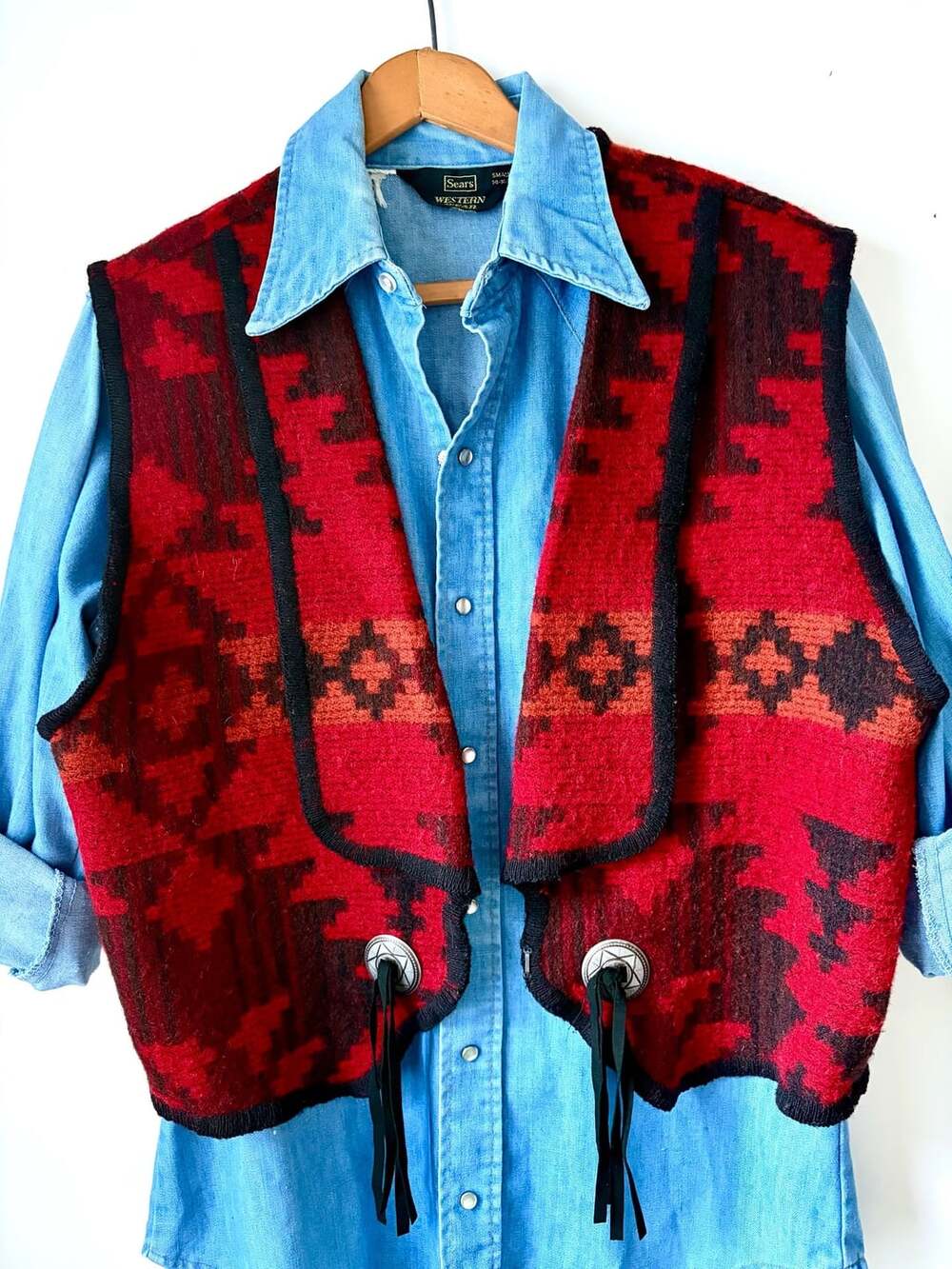 1990's Made in USA Vintage Woolrich Southwestern Wool Concha Vest Ladies Size L